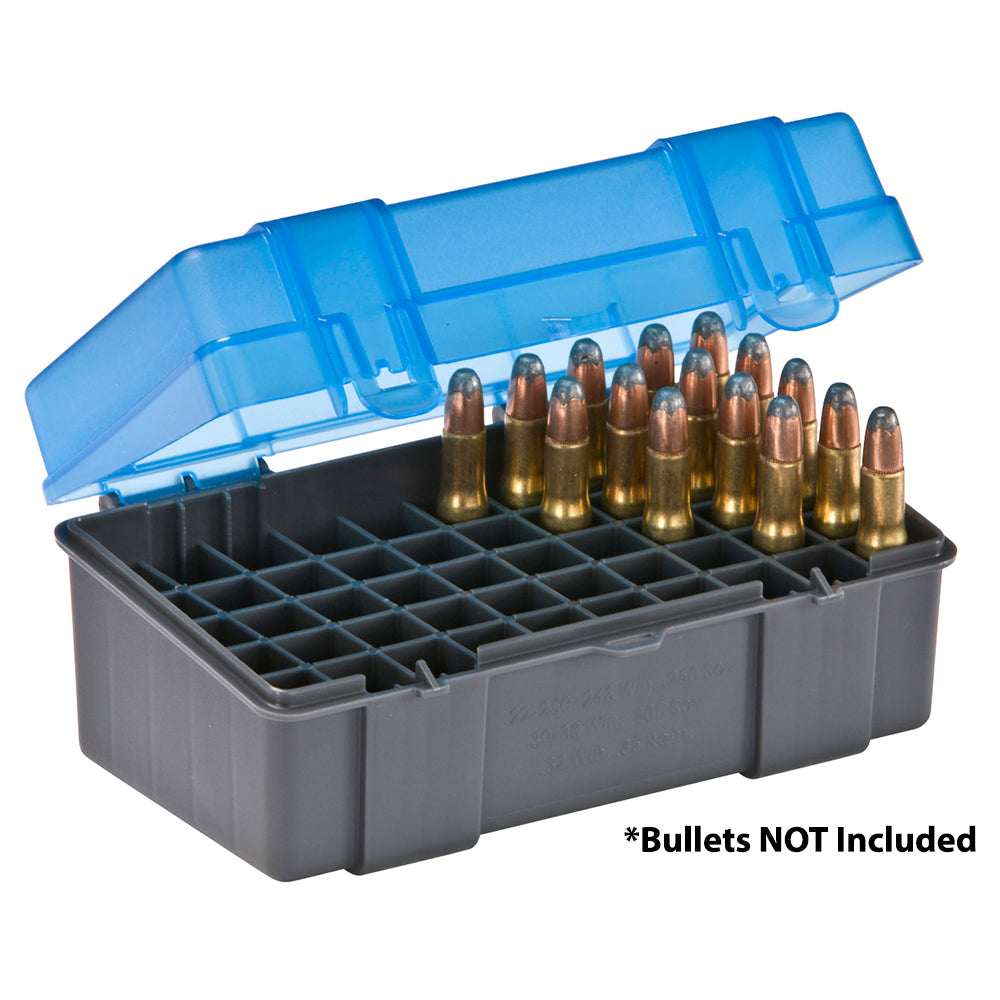 Plano small rifle ammo case with 50 compartments, designed for hunting accessories, featuring durable plastic construction.