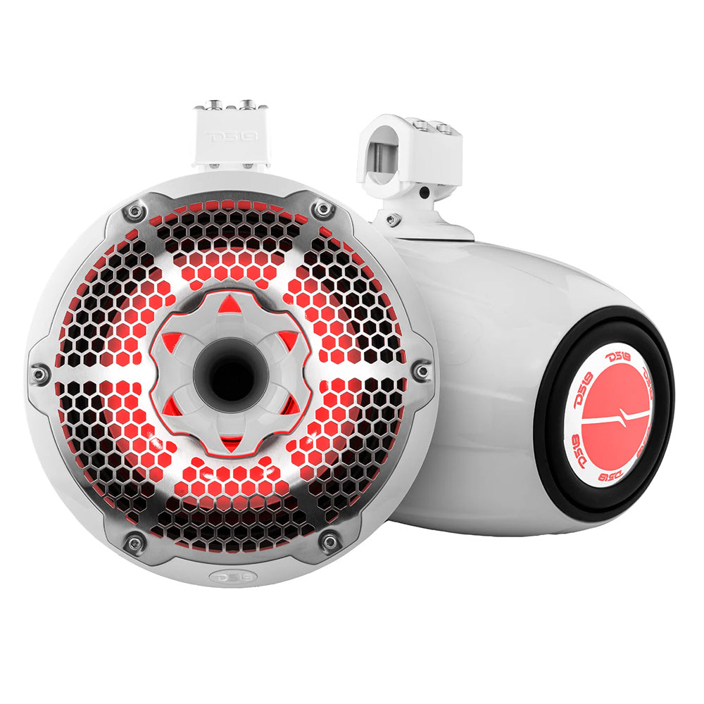 DS18 HYDRO 10 Neodymium Marine Towers wBuiltIn Passive Radiator 1 Driver  RGB LED Lights  900W  White NXLX10TPNEOWH