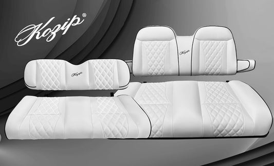 STEELENG KOZIP BNDL-SCDS07-SFDS09-SC0033 – Kozip Aeris Front and Rear Seat Cushion Set with NOMAD Seat frame for Club Car DS (2000.5-up) – White Base with Black Piping – White Stitching