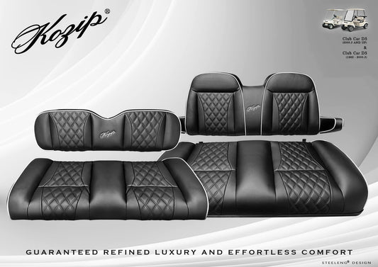 STEELENG KOZIP BNDL-SCDS08-SFDS09-SC0031 – Kozip Aeris Front and Rear Seat Cushion Set with NOMAD Seat frame for Club Car DS (2000.5-up) – Black Base with White Piping with Black Stitching
