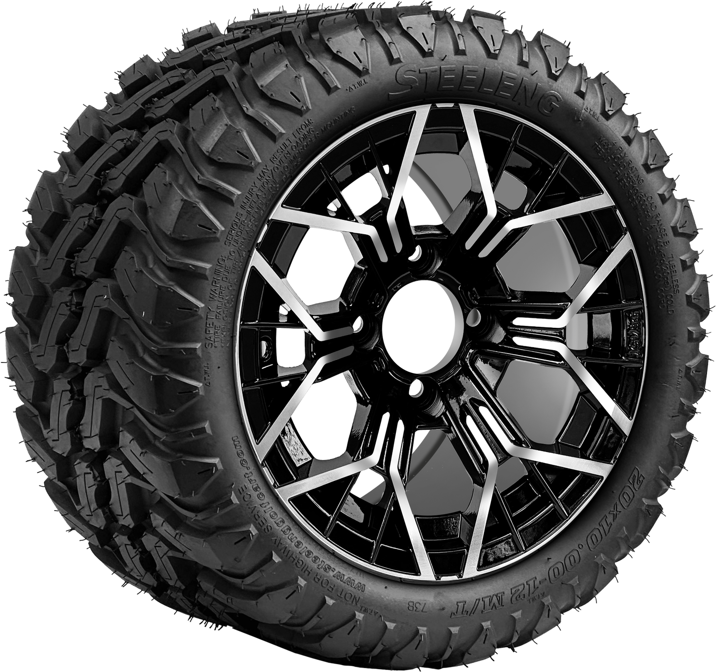 SGC 12" Mantis Machined/Black Wheel - Aluminum Alloy / STEELENG 20″x10″-12″ Mud Terrain Tire (Set of 4)