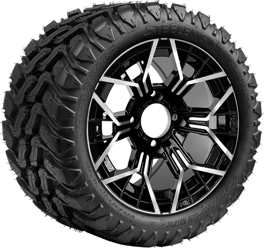 SGC 12" Mantis Machined/Black Wheel - Aluminum Alloy / STEELENG 20″x10″-12″ Mud Terrain Tire (Set of 4)
