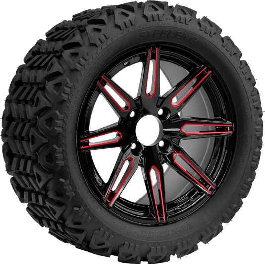SGC 14″ Lynx Glossy Red/Black Wheel – Aluminum Alloy / STEELENG 23″x10″-14″ All Terrain Tire DOT approved