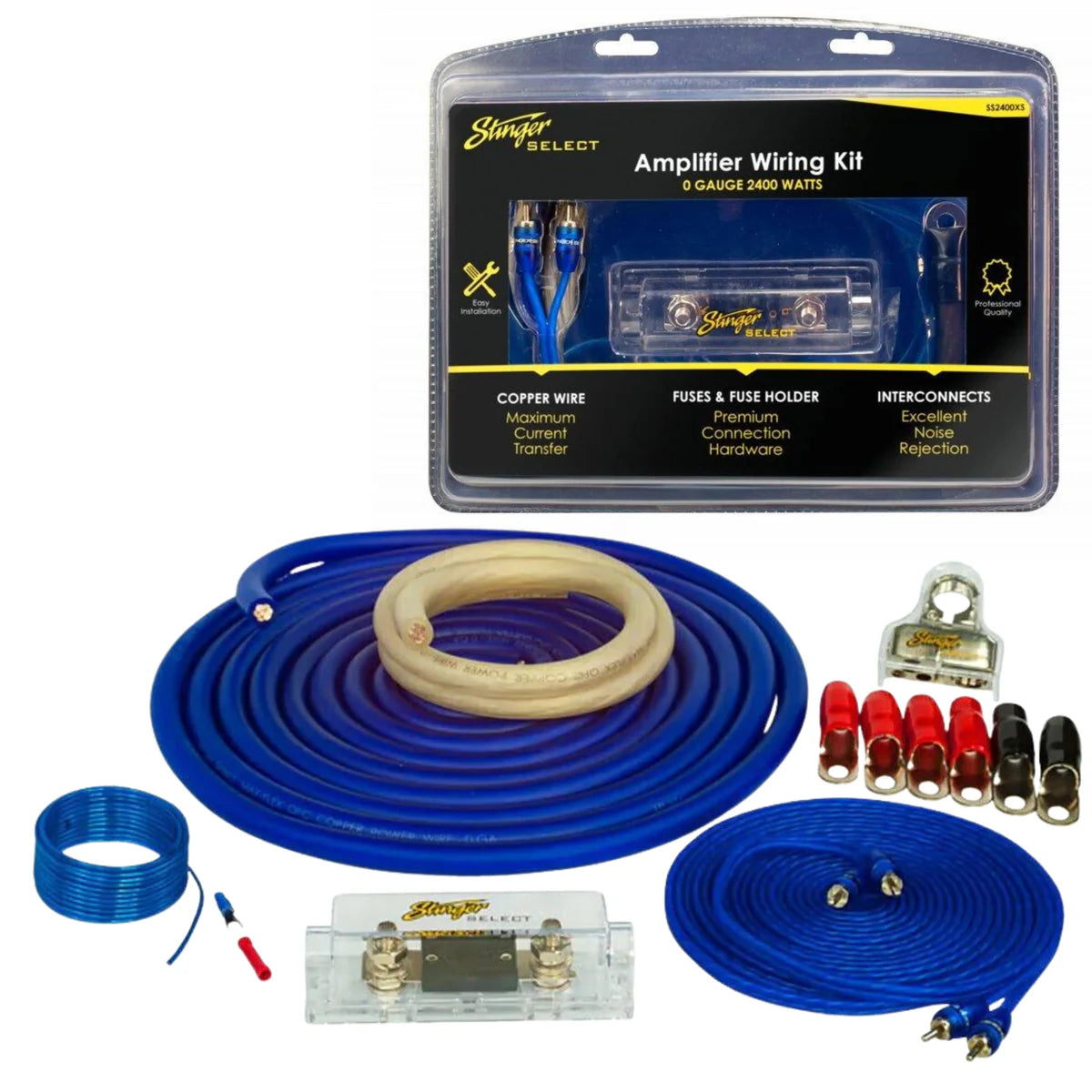 Stinger Marine 1/0 GA copper wiring kit for 2,400 watt amplifier with cables and electronic accessories, shown in the image.
