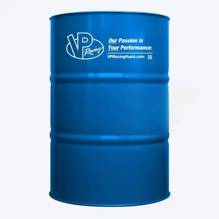VP Racing X85 fuel in a 54-gallon drum, showing the VP Racing branded fuel container with safety labels and industrial packaging