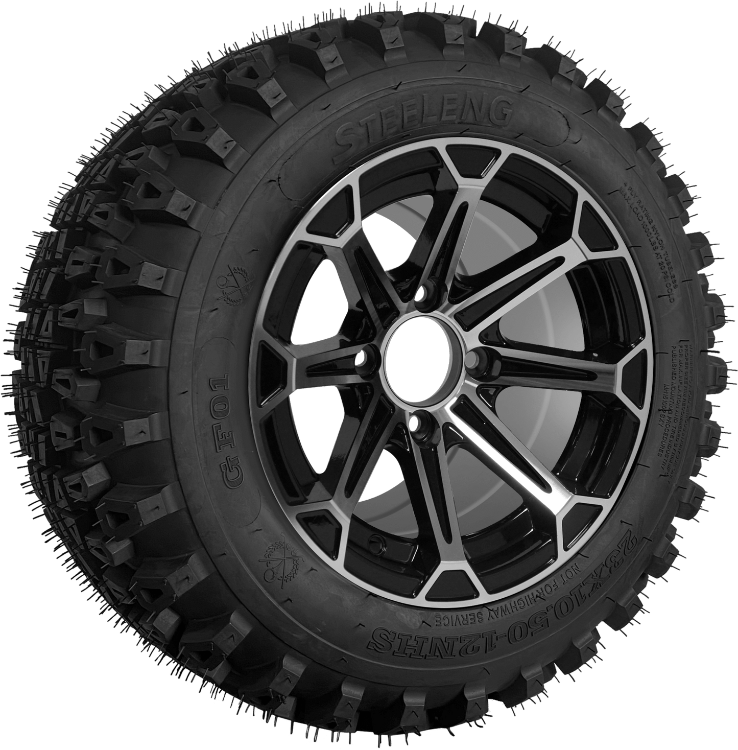 SGC 12″ Fang Machined/Black Wheel – Aluminum Alloy / STEELENG 23″x10.5″-12″ QH All Terrain Tire (Set of 4)