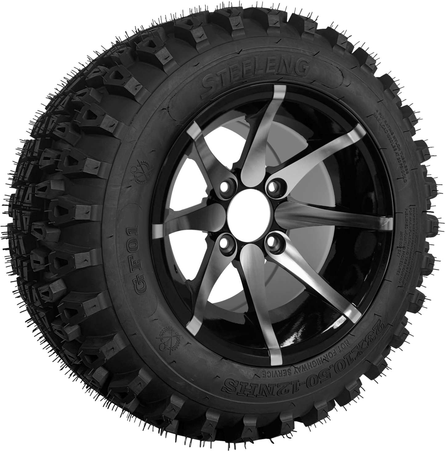 SGC 12″ Kraken Machined/Black Wheel – Aluminum Alloy / STEELENG 23″x10.5″-12″ QH All Terrain Tire (SET OF 4)