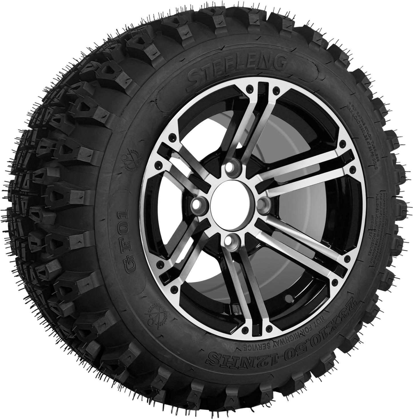 SGC 12″ Terminator Machined/Black Wheel – Aluminum Alloy / STEELENG 23″x10.5″-12″ QH All Terrain Tire (Set of 4)