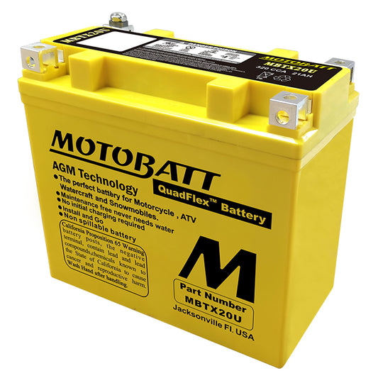 UTV Stereo MOTOBATT AGM motorcycle battery with top terminals and compact size, shown in a 700x700 image.