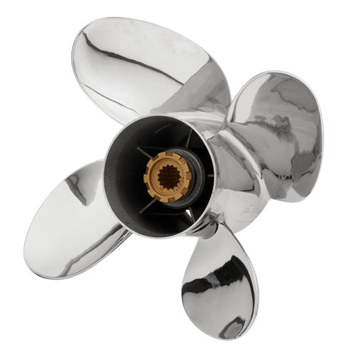 Stainless steel PowerTech PTZ4R15PCL200 boat propeller with hub for marine use, featuring polished blades and durable construction.
