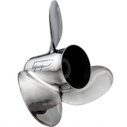 PowerTech stainless boat propeller with hub, featuring three blades and polished finish, designed for marine propulsion.